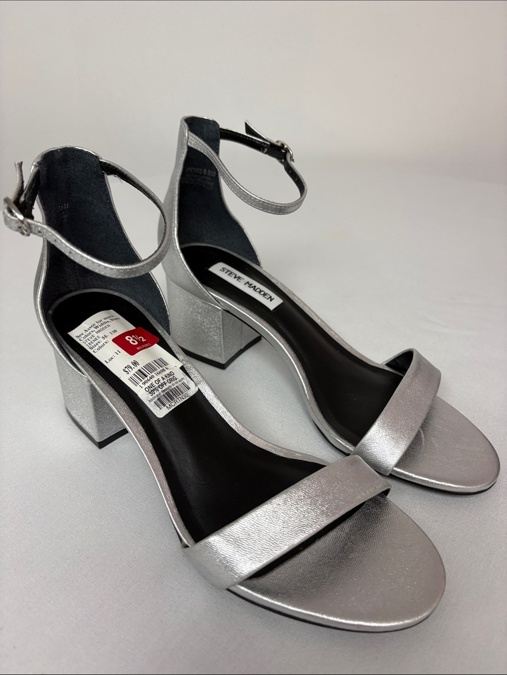 Steve Madden Irenee Silver Metallic Leather Block Heel Sandals 8.5
